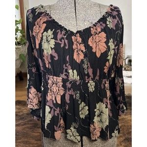 Free People Boho Top Bell Sleeve Scoop Neck Floral Navy Womens Size Small